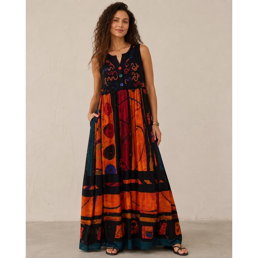 Carole Little Vintage 90s Abstract Art Print Maxi Dress Black Orange Medium 14